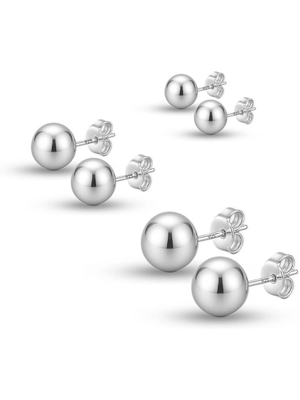 Set of 3 Pairs Lightweight 925 Sterling Silver Ball Post Stud Earrings for Women